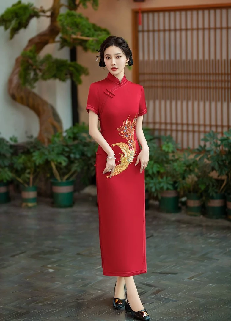 3178-高端重工刺绣红色旗袍长款婚宴春夏新款改良中国风连衣裙