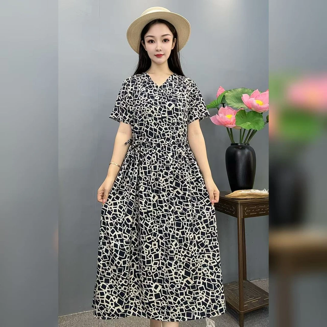 【彩云缎】新款棉绸连衣裙夏季薄款宽松短袖显瘦遮肚连衣裙收腰