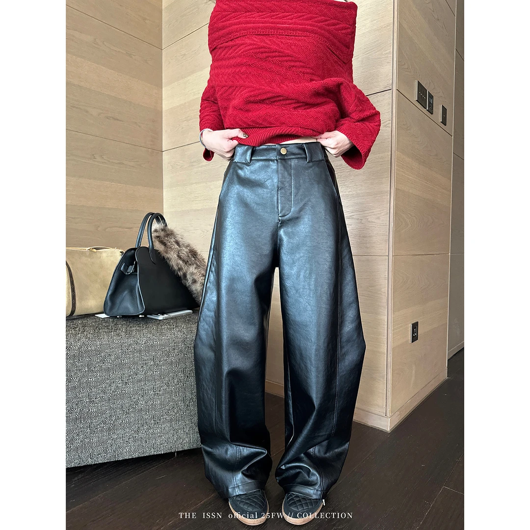 THEISSN宁司 黑色阔腿宽松PU皮裤女冬季气质弯刀裤 01908