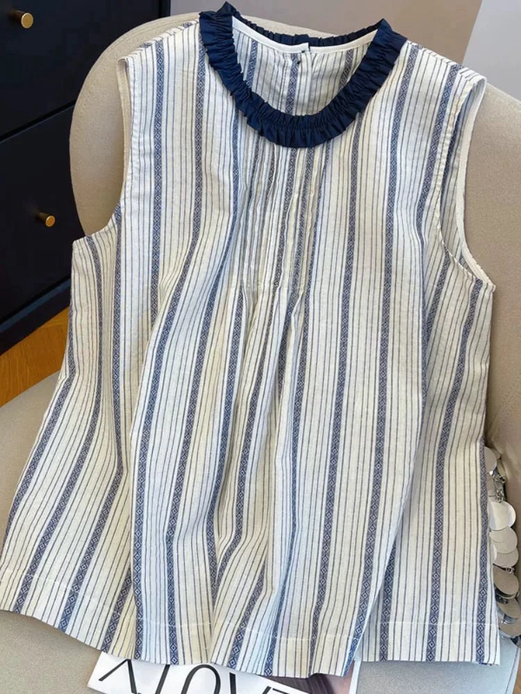 新中式刺绣圆领无袖衬衫女夏季新款复古优雅气质百搭宽松显瘦上衣