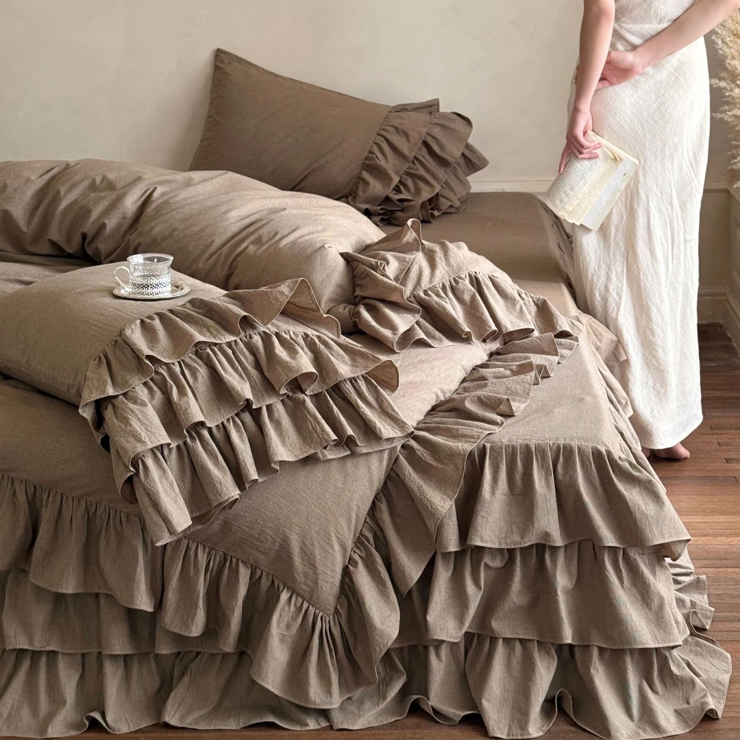 法式复古色织全棉水洗棉四件套纯棉蛋糕床裙荷叶边被套公主风床品