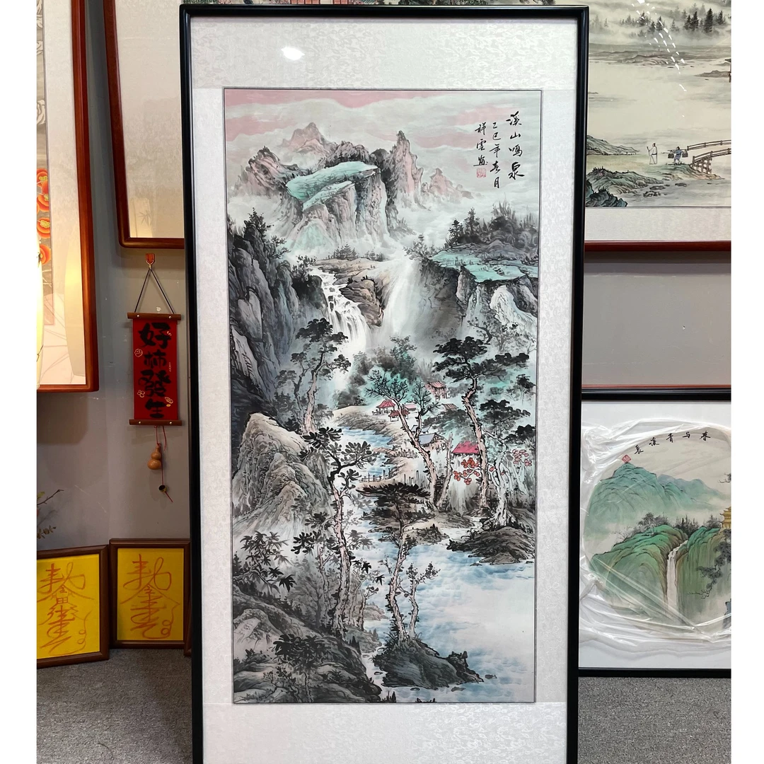 纯手绘-玄关 溪山鸣泉【278*118】国画山水画客厅玄关挂画直播间