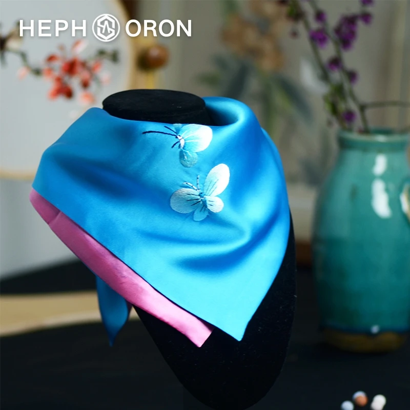 HEPHSORON苏绣丝巾礼盒送妈妈蓝色刺绣披肩百搭桑蚕丝真丝围巾