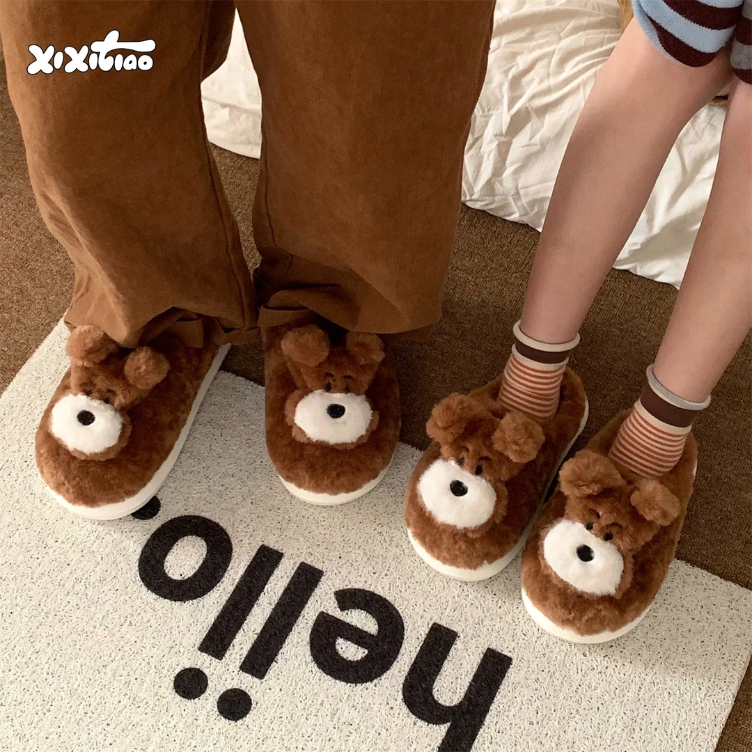 细细条 情侣可爱小狗棉拖鞋家用防滑趣味冬季新款保暖毛毛鞋男女