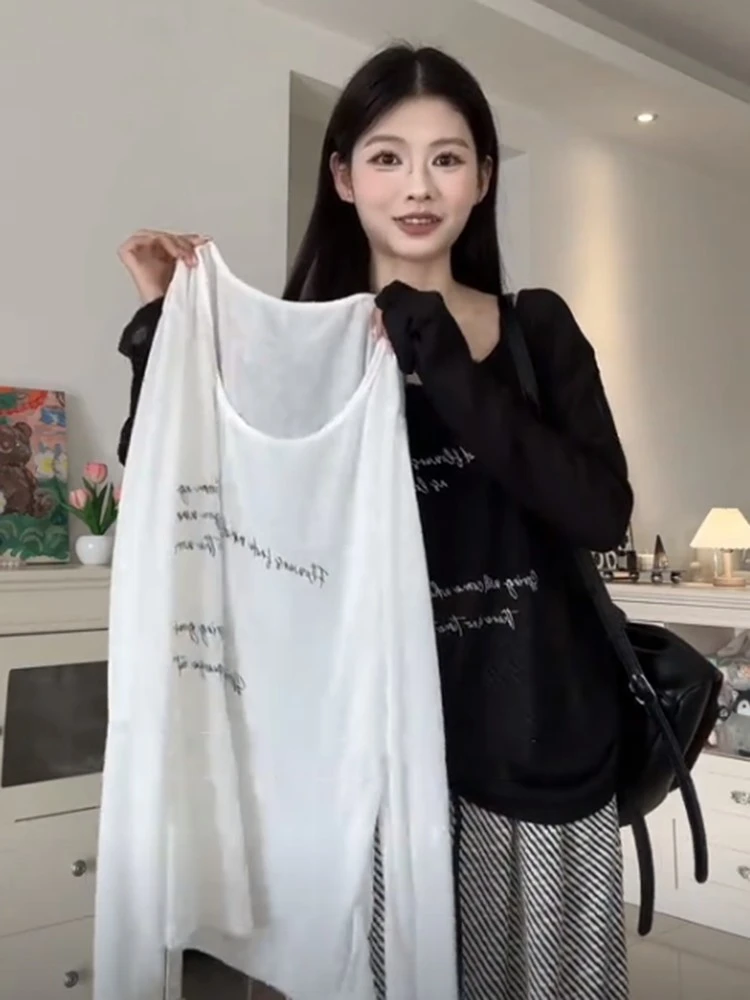 慵懒薄纱防晒罩衫长袖T恤女夏季字母印花设计感薄款宽松外搭上衣