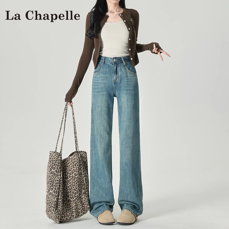 拉夏贝尔复古窄版阔腿牛仔裤女春季2025新款小个子高腰直筒拖地裤