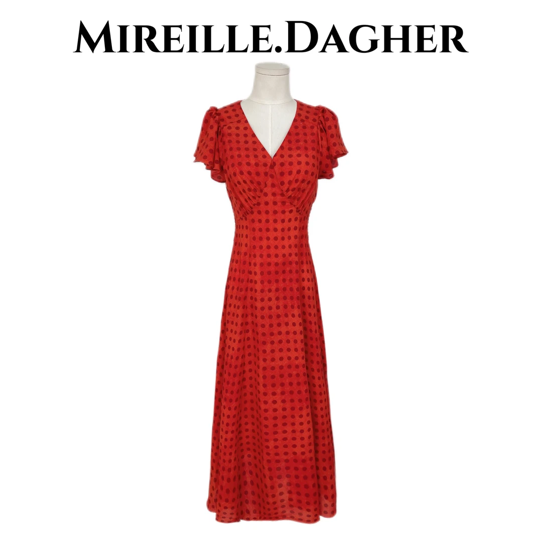 米莱Jiaer/夏季新款V领花边袖中长款连衣裙26898