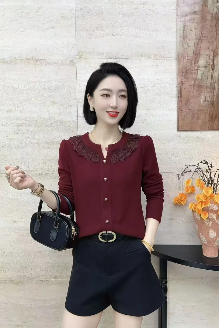 气质百搭女修身拼接抗皱圆领长袖常规款秋冬T恤加绒