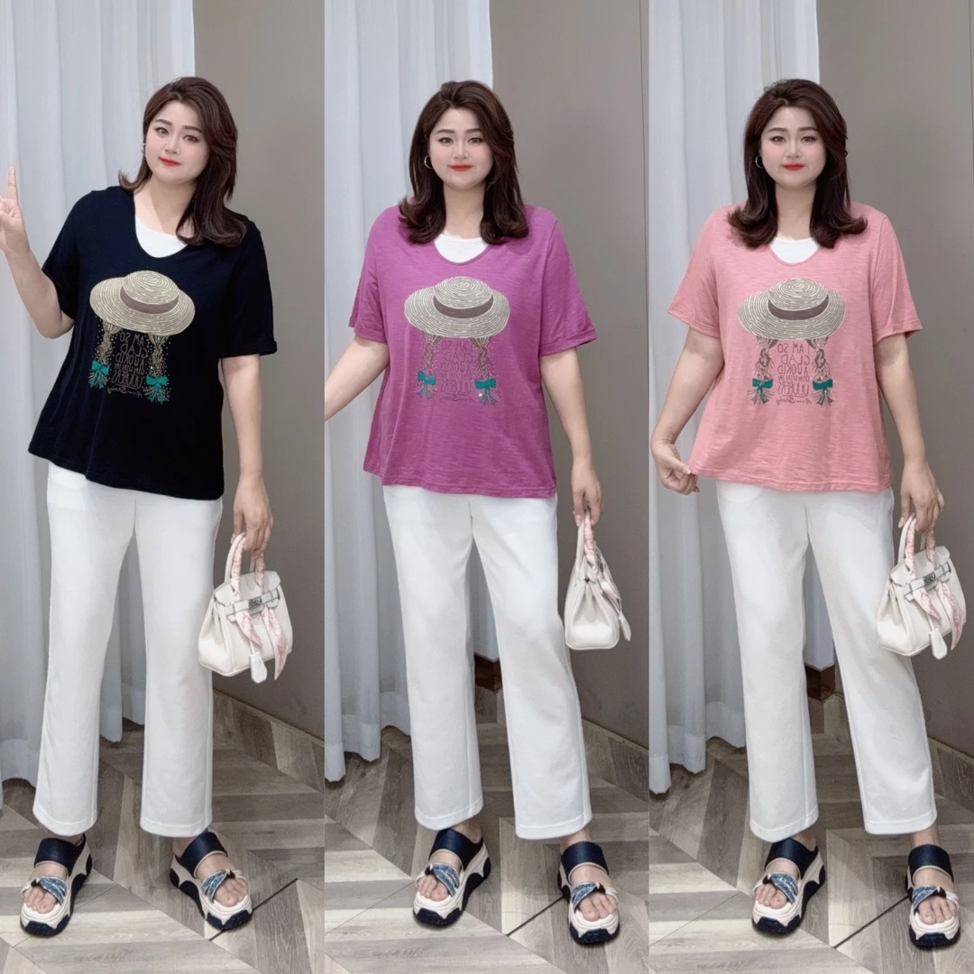 PWD32885【现货仅上衣】休闲显瘦宽松假两件帽子印花T恤【衣长70】