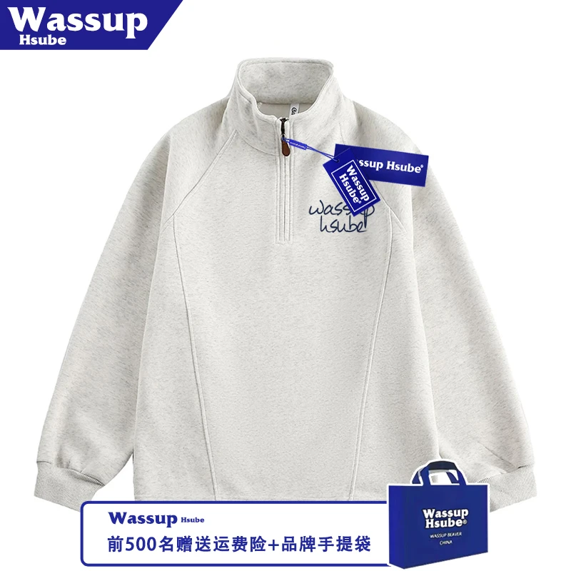 WASSUP HSUBE秋冬男女款加绒加厚上衣创意手写英文印花半拉链卫衣