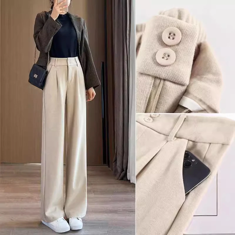 加厚毛呢西装阔腿裤女秋冬季新款直筒宽松高腰垂感休闲呢子长裤子