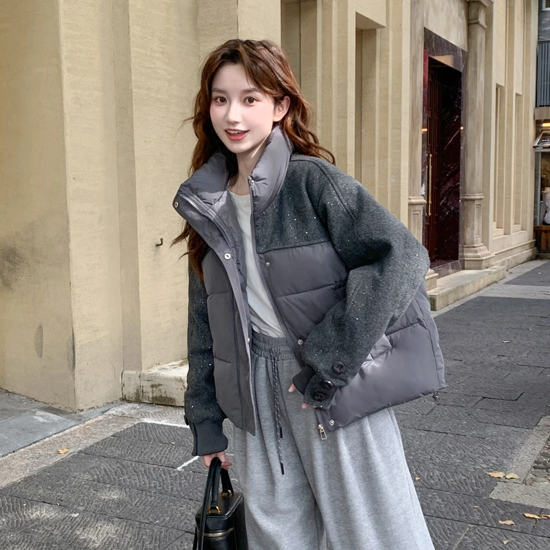 亮片毛呢拼接棉服女短款小个子棉袄2025冬季立领爆款流行保暖外套