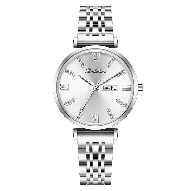 时尚休闲圆盘简约双日历精钢防水女士石英腕表8140专属