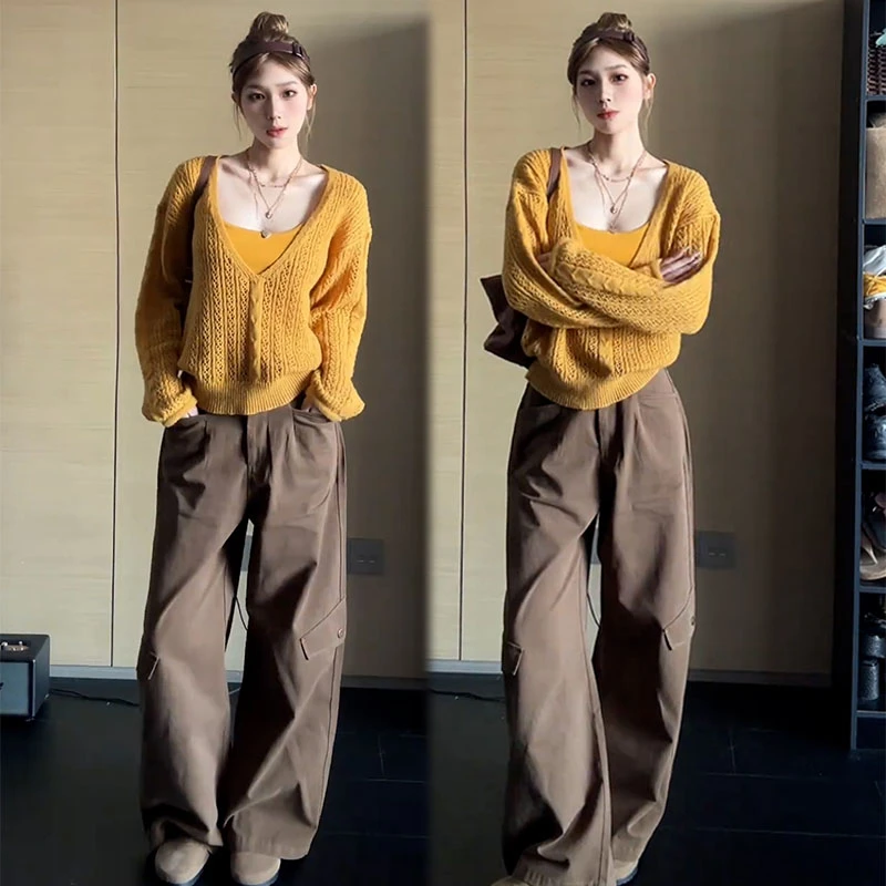 2025秋季新款松弛感镂空长袖针织衫女内搭吊带背心休闲裤三件套装