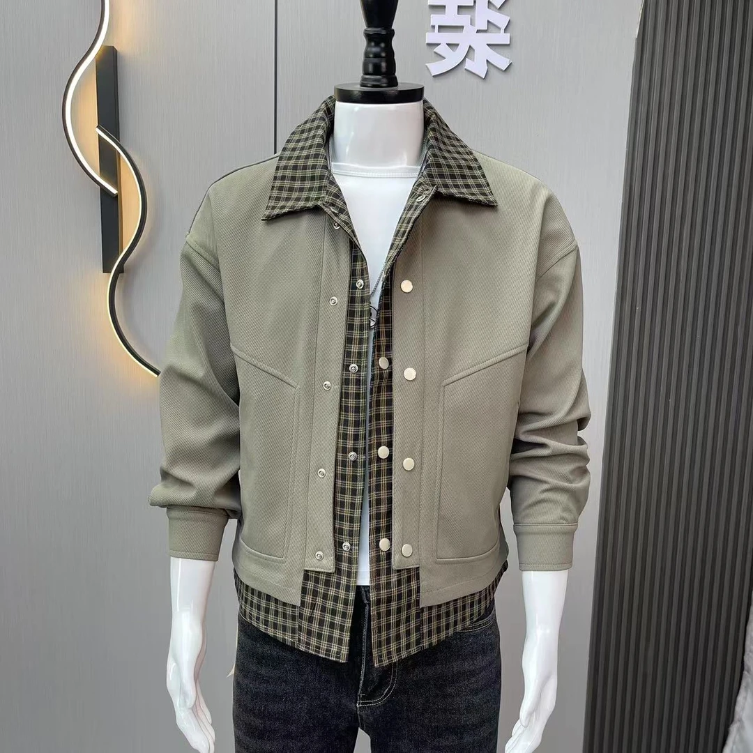 假两件格子外套男士韩版潮流褂子2025新款春秋季休闲痞帅潮牌夹克