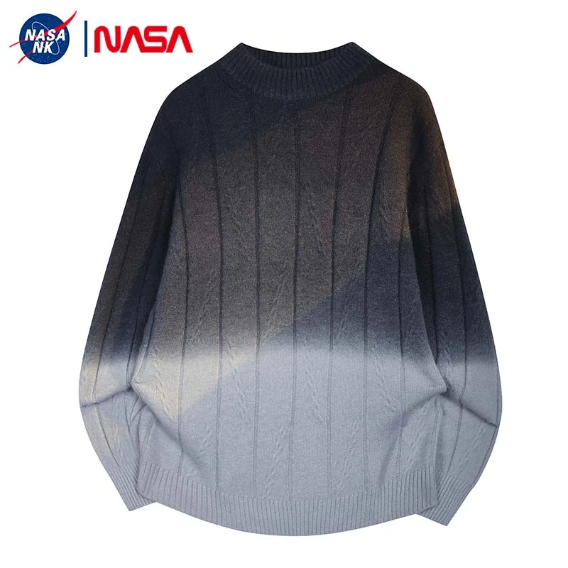 NK NASA联名渐变麻花纹圆领毛衣男士秋冬季潮牌百搭青少年针织衫
