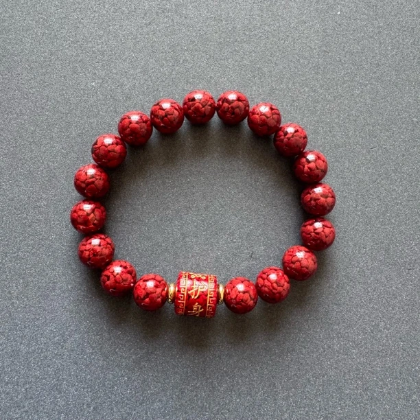 含辰砂工艺品精美雕刻卡10mm桶珠单圈素圈手串