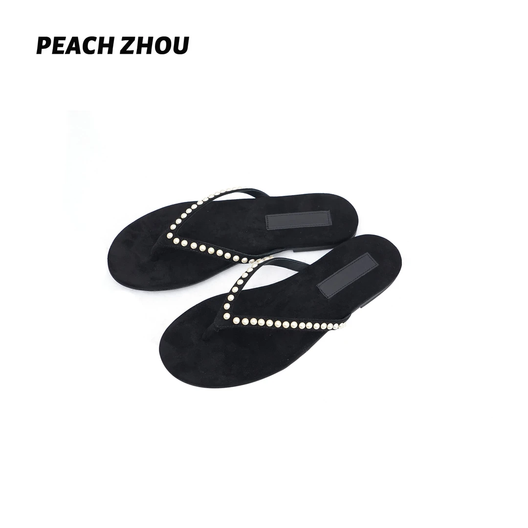 『PEACHZHOU』小香风珍珠纳米绒高级感羊皮人字拖休闲平底夹趾凉鞋