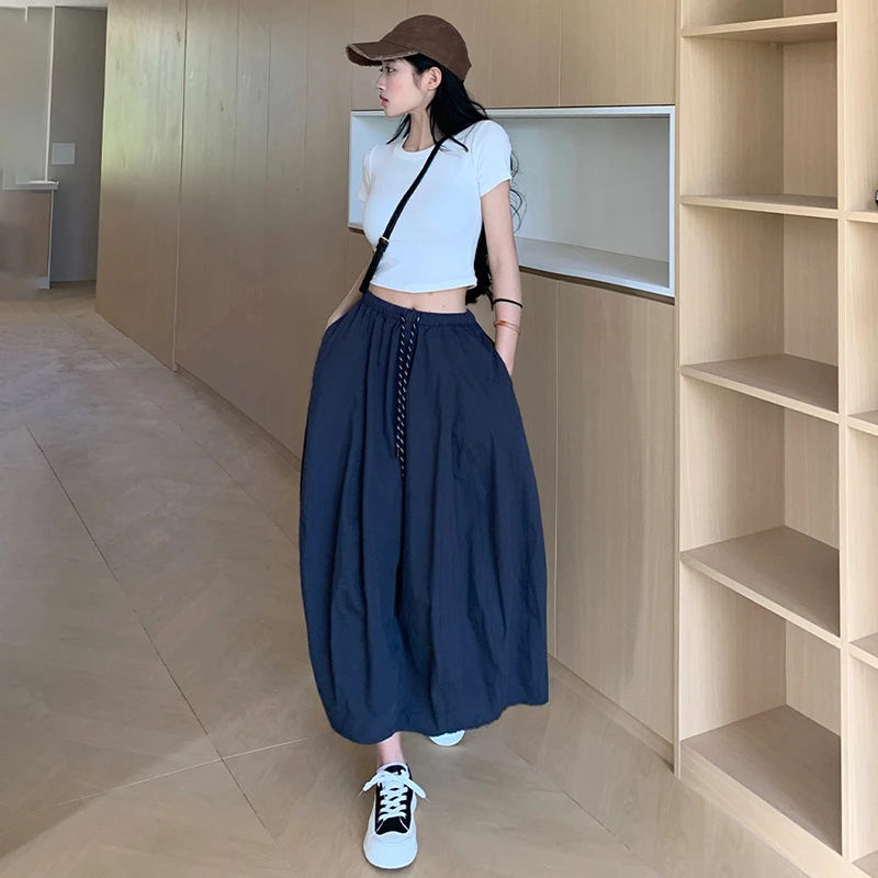 韩系拼接简约南瓜裙女夏季新款时尚百搭宽松显瘦遮肉中长款半身裙