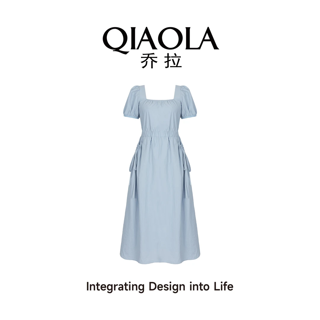 QIAOLA/乔拉【浅海之梦】夏季方领抽绳绑带A版法式减龄连衣裙预售
