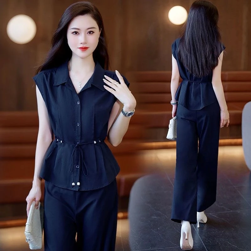 时尚气质套装女2025夏季轻熟休闲显瘦衬衫领减龄阔腿裤两件套装