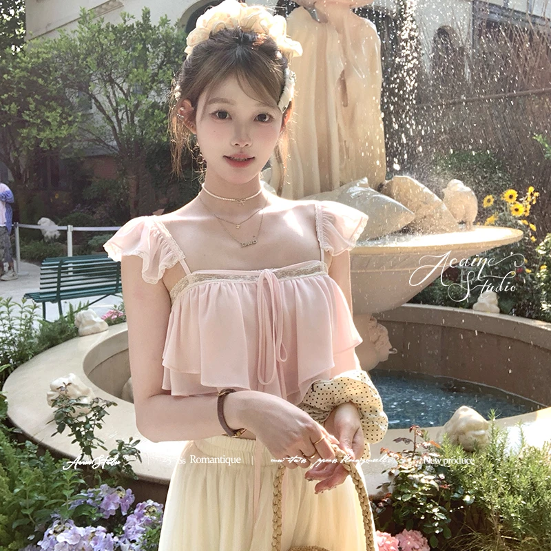 Acaine 樱花泡泡 通勤日常气质显瘦甜美纯欲少女感荷叶边吊带上衣