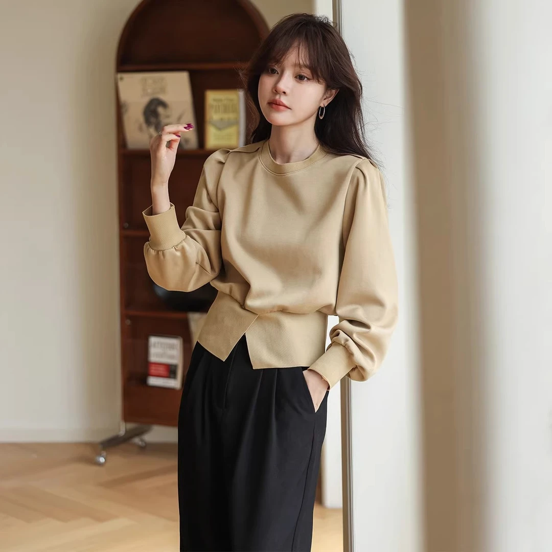 SS2747【韩版简约廓形】秋季泡泡袖下摆开叉秋冬圆领卫衣长袖上衣