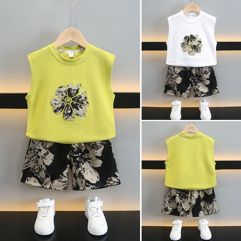 黑花潮帅男童夏装背心套装2025款儿童无袖两件套时髦夏季洋气衣服