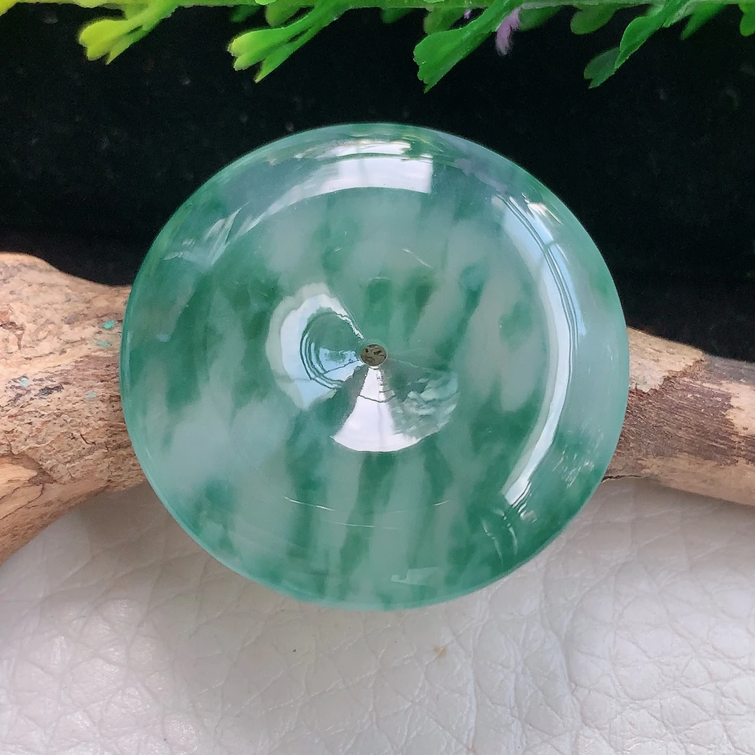 zzx实拍31*5.5缅甸翡翠精雕冰飘花平安扣 玉扣玉吊坠 玉挂件