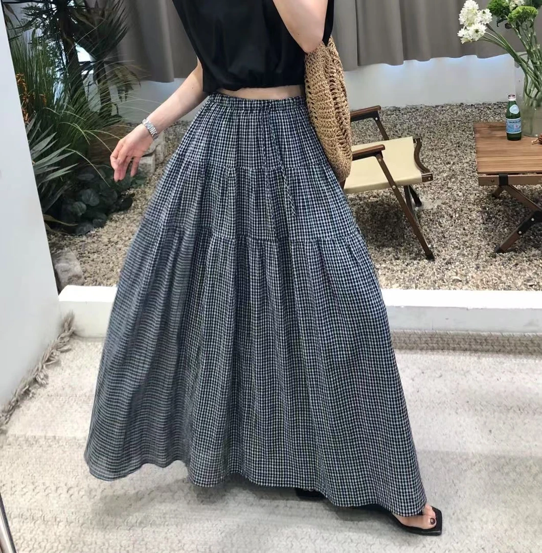 探寻层次美感_廓形格纹显瘦松紧高腰时尚休闲设计拼接长款半身裙