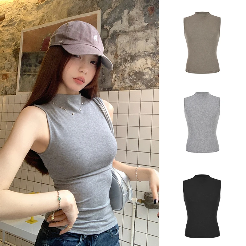 Moses Queen/魔西女王辣妹灰色百搭半高领无袖背心修身显瘦上衣