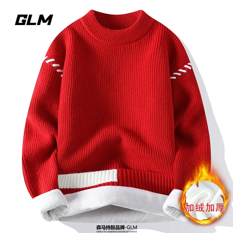 GLM除夕新年大红车厘子加绒加厚红色本命蛇年春节保暖毛衣 男女