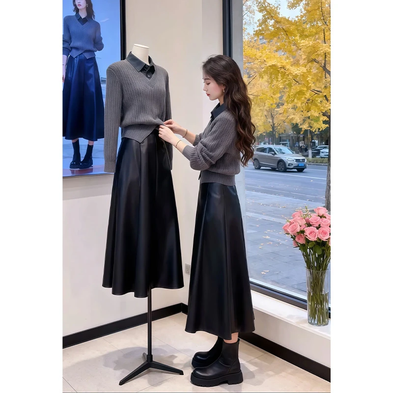 巨好看冬装一整套裙女洋气减龄假两件拼接毛衣独特复古漂亮半身裙