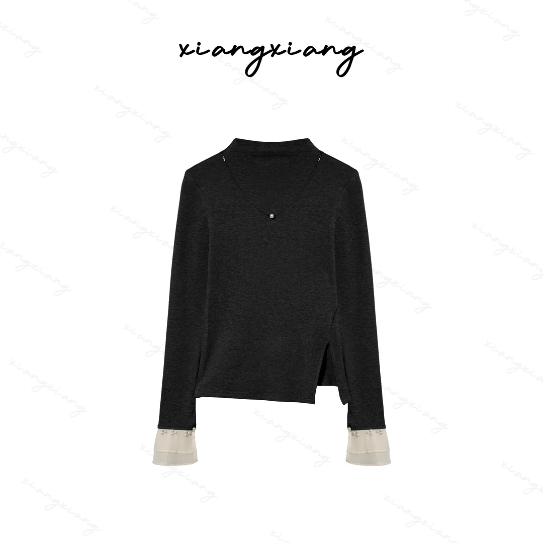 【香香专属】2024秋季新款抓毛喇叭袖开叉时尚百搭T恤上衣女-24769