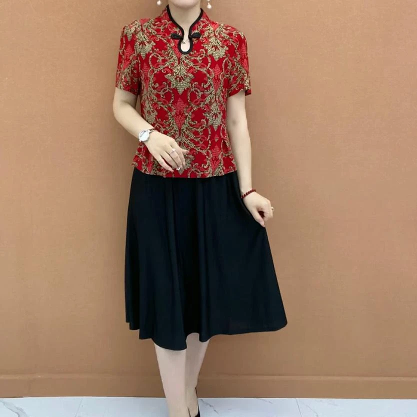 【工厂直发】2025夏季气质短袖中长款连衣裙显瘦减龄时尚洋气妈妈装