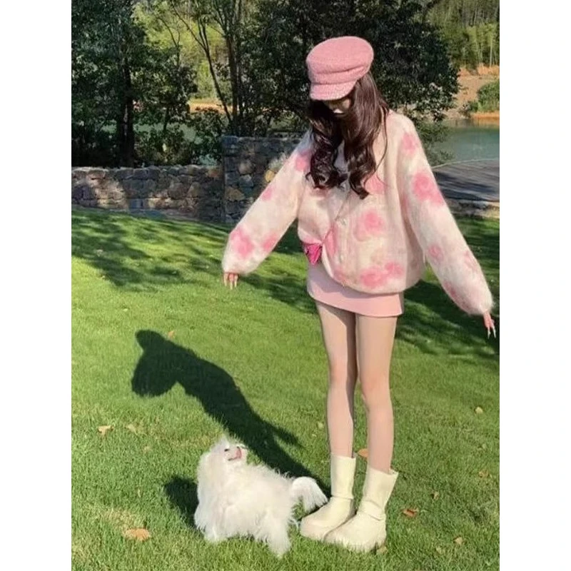 早秋韩系穿搭粉色花朵毛衣开衫女秋冬宽松慵懒风针织衫外套上衣女