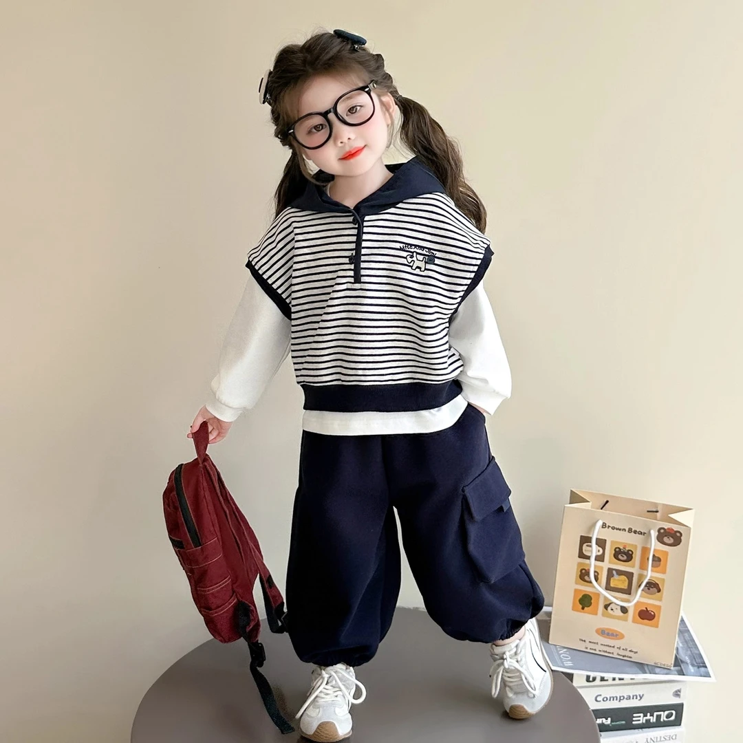 女童条纹套装秋季2025新款女宝宝洋气时髦秋装儿童早秋穿搭三件套