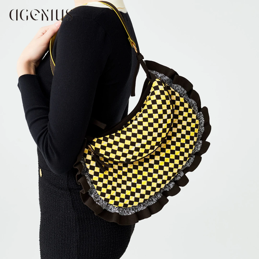 DGENIUS原创高级感格子腋下月牙包包女编织双子包时尚单肩饺子包