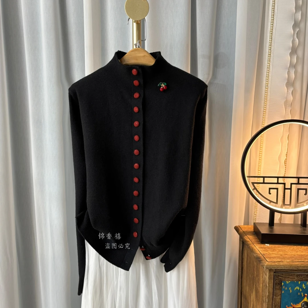 【V676黑色范斯qi】欧货秋冬时尚显瘦针织衫开衫毛衣外套