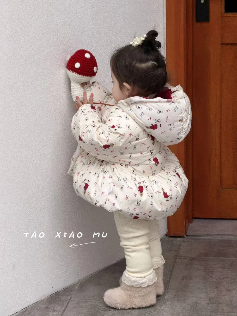 拉链女一粒扣碎花中长款加厚连帽洋气轻薄童装