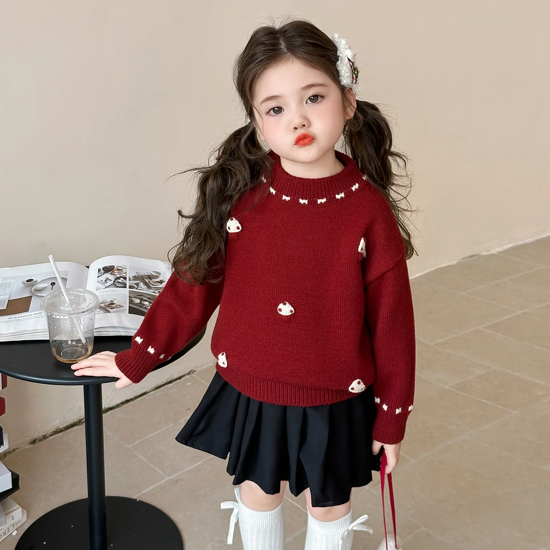 女童加厚套头毛衣秋冬2025新款儿童洋气一体绒针织衫宝宝内搭上衣