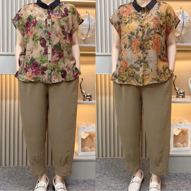 夏季新款大码妈妈装洋气翻领开衫套装中老年女遮肉显瘦两件套宽松