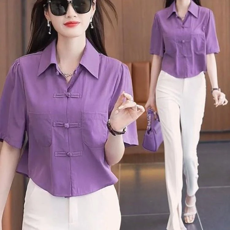 欧货复古雪纺衬衫女夏季2025新款国风盘扣小衫泡泡袖短款上衣纯色