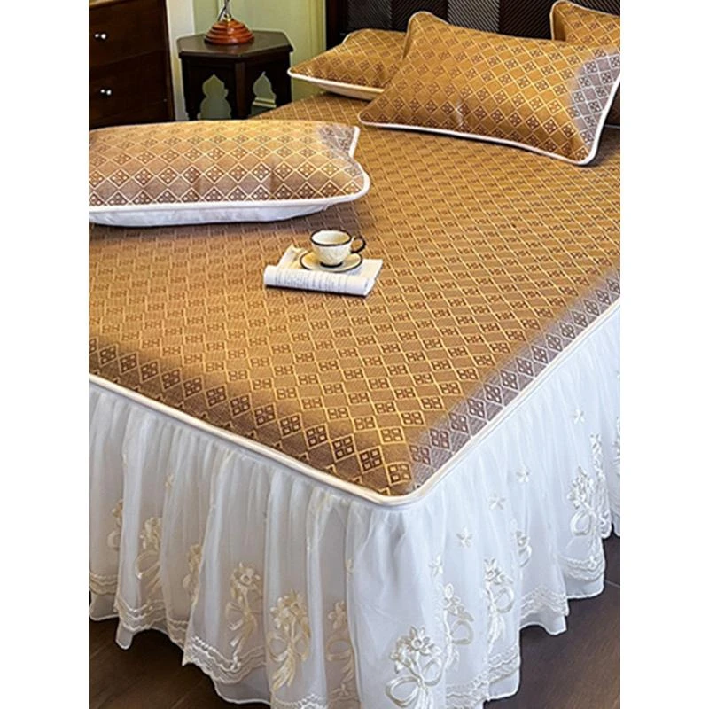 水星家纺适用夏季蕾丝床裙藤席天然凉席三件套2025新款可折叠水洗