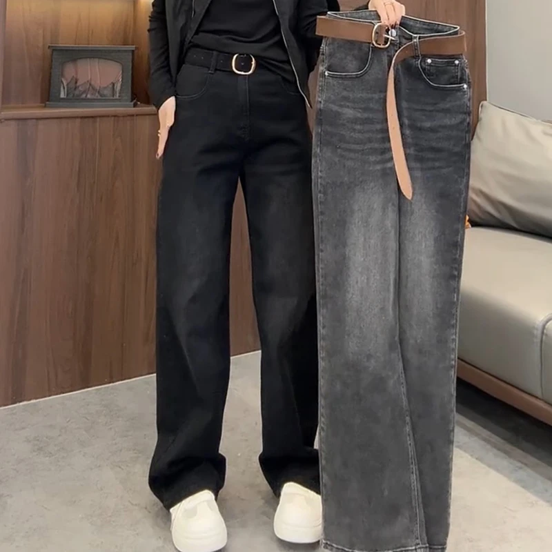 长裤子女水洗秋季常规中腰牛仔裤宽松窄版直筒阔腿裤显瘦百搭秋冬