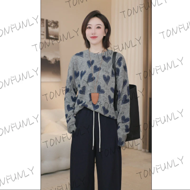 [TONFUNLY]新款爱心印花慵懒风时尚款毛衣复古时尚百搭毛衣外套