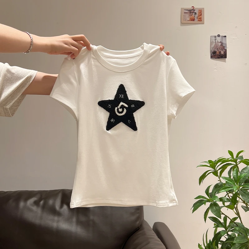 复古白色星星刺绣修身bm风短袖T恤女夏季圆领设计感短款上衣