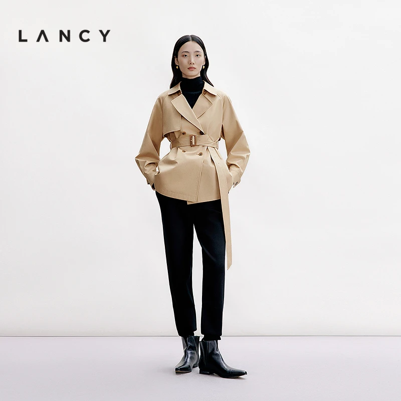【专柜同款】LANCY/朗姿2024秋季新款纯棉大翻领短款风衣英伦风通勤