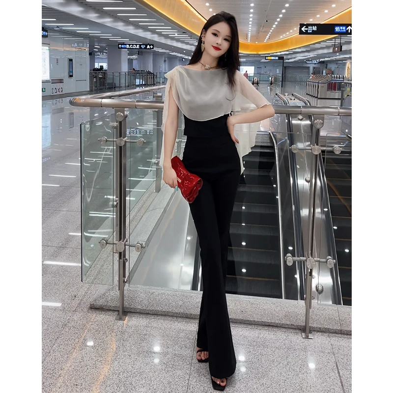 格润雅气场强大女装套装2025年别致设计感拼接上衣高腰显瘦喇叭裤