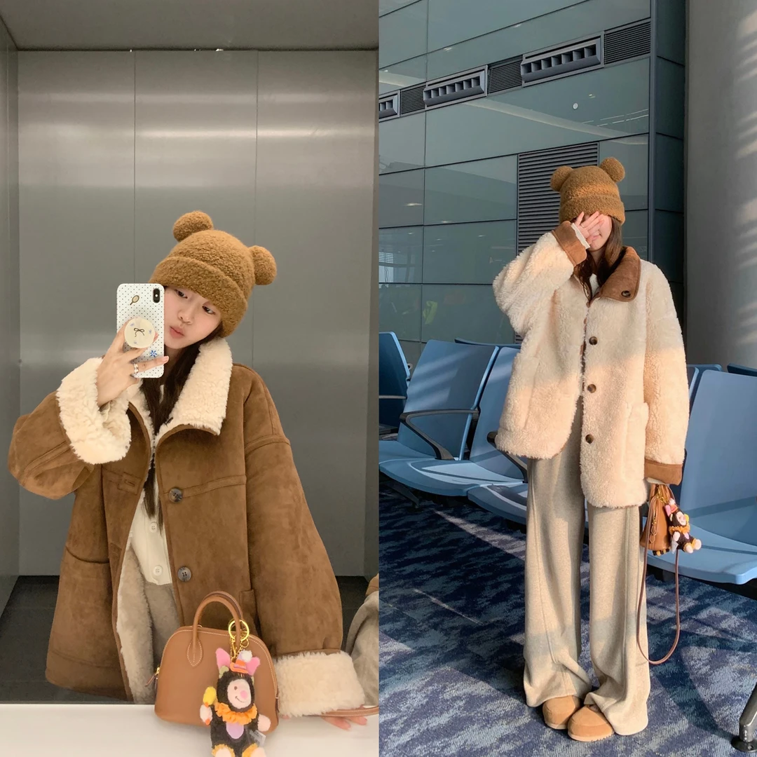 秋冬新款韩系女装暖熊抱抱羊羔毛皮毛一体双面可穿保暖厚外套上衣